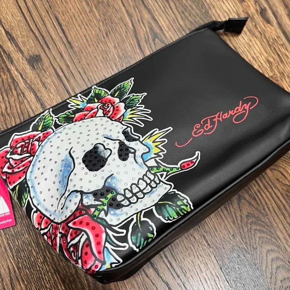 ed hardy skull rose flower makeup cosmetic toiletry bag bedazzled rhinestone NWT